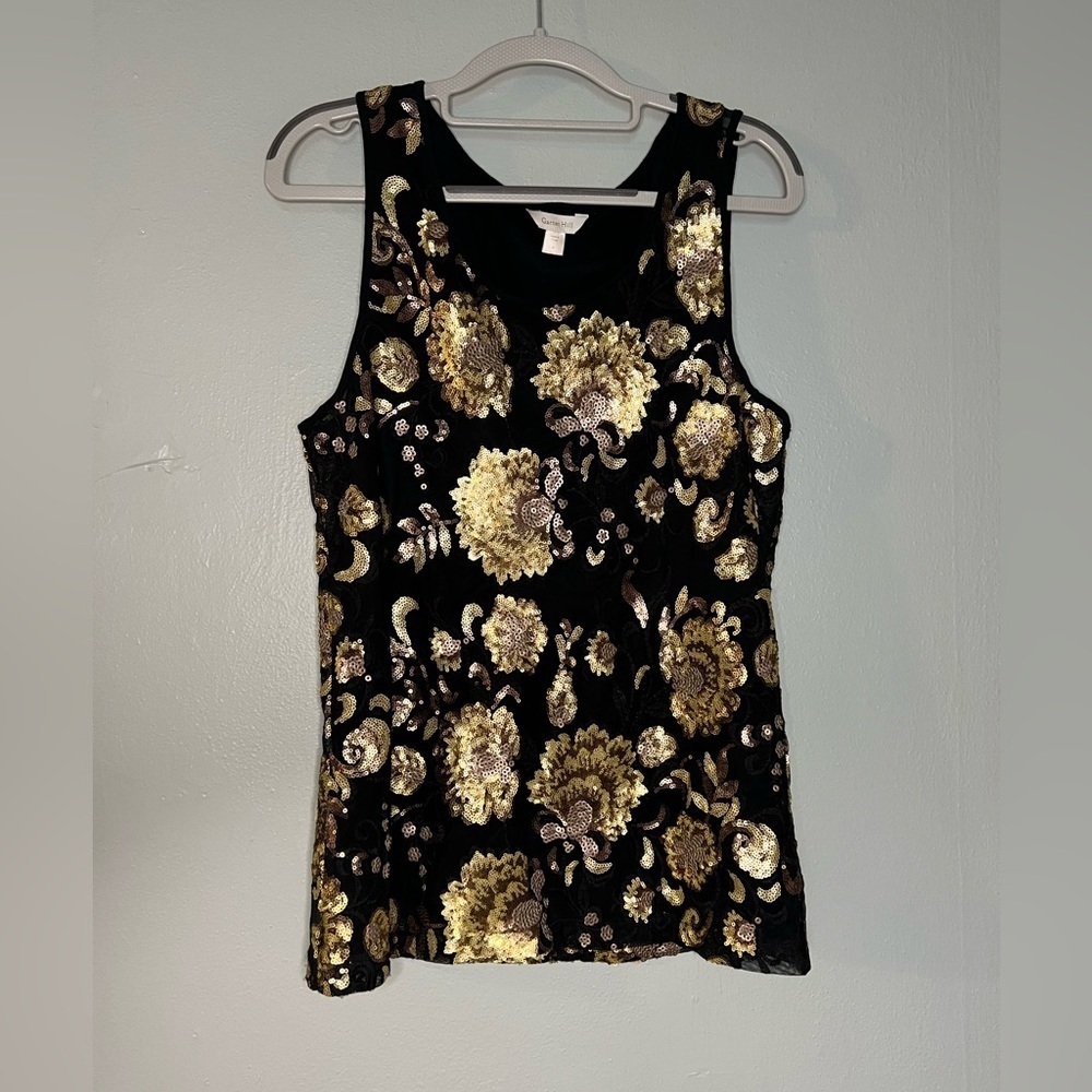 Garnet Hill black and gold sequin floral print tank top